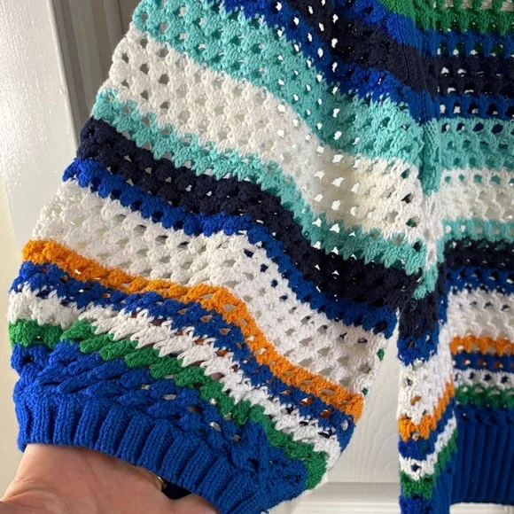 Tribal Multi-Color Striped Sweater 3/4 Sleeves Open Weave Like New Size Large - Picture 3 of 11